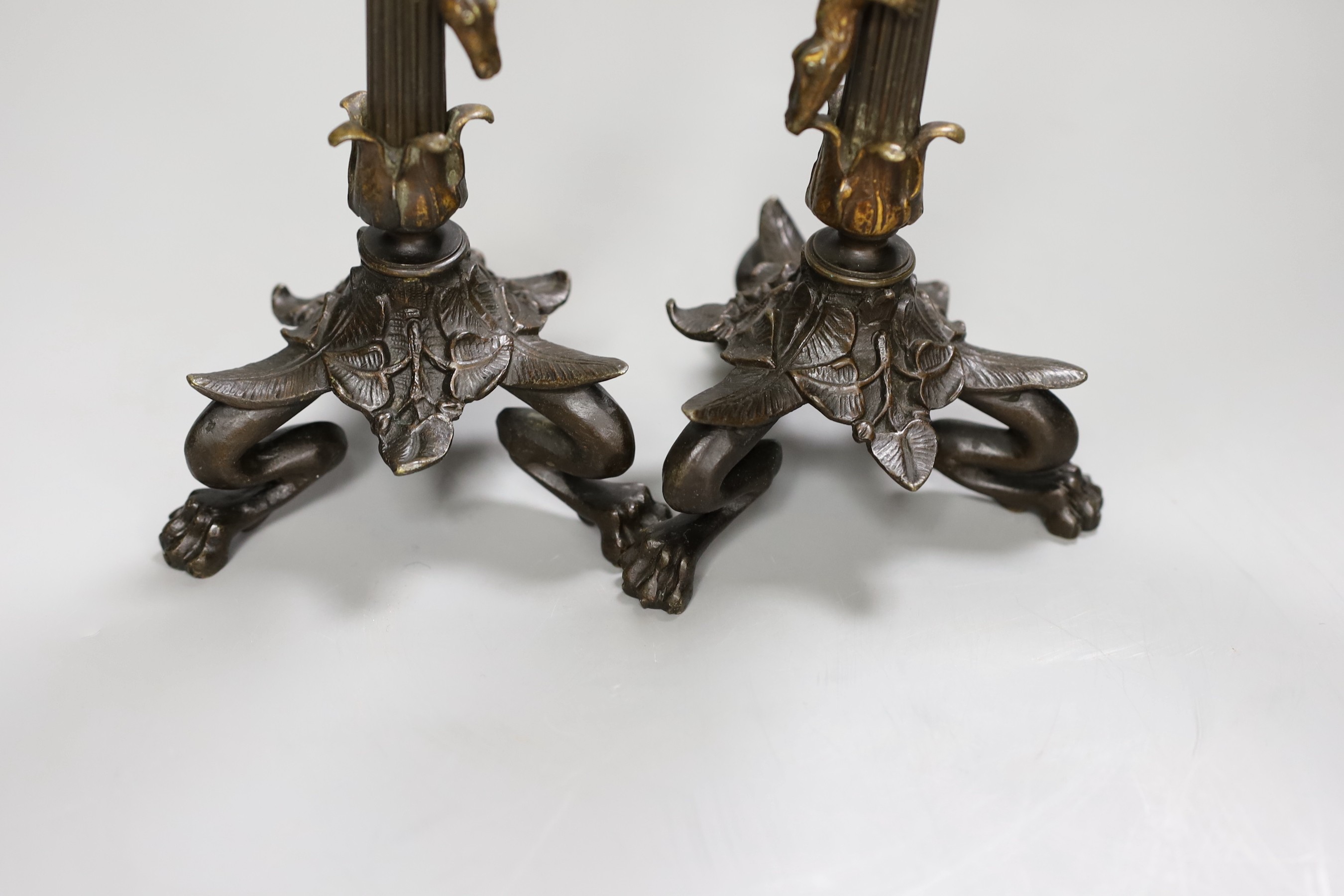 A pair of bronze empire style ‘lizard’ candlesticks, 30cm